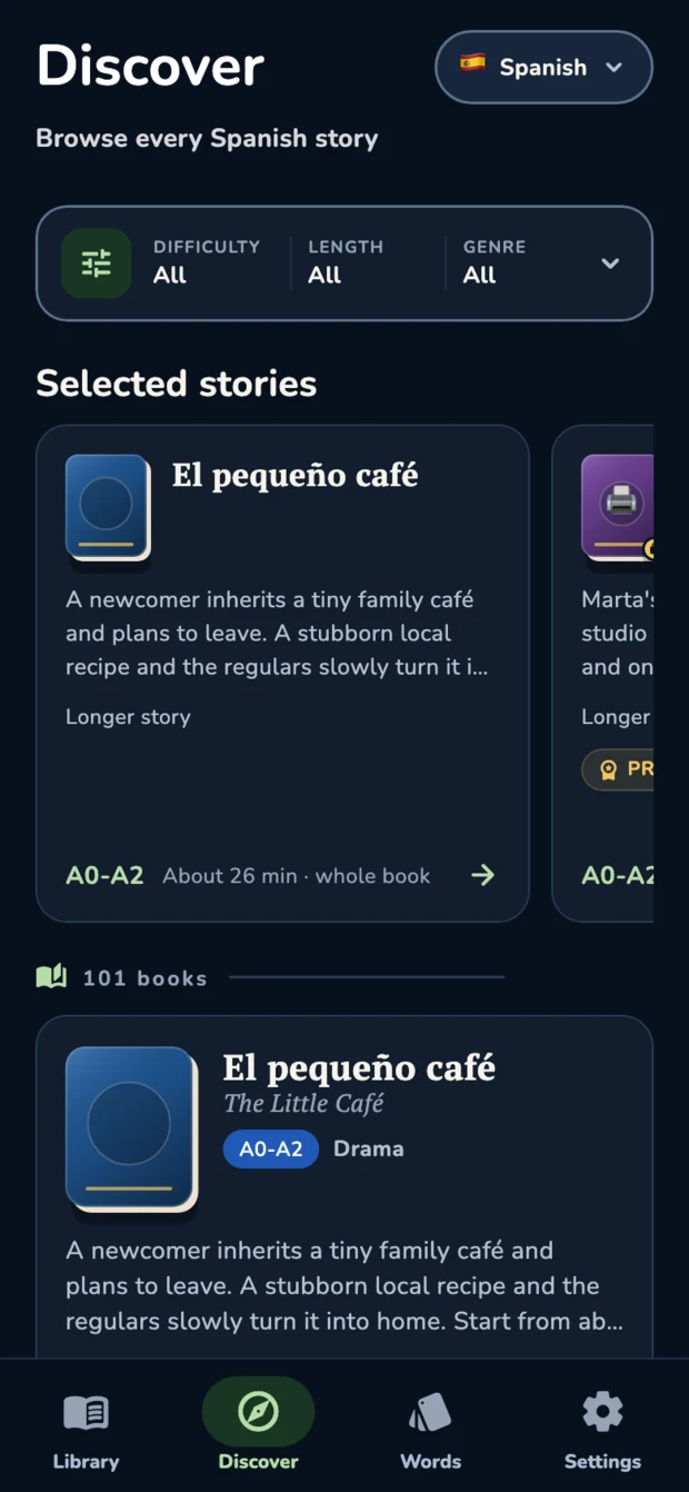 Fluent Chapters bookstore with filters for language level, length, and genre