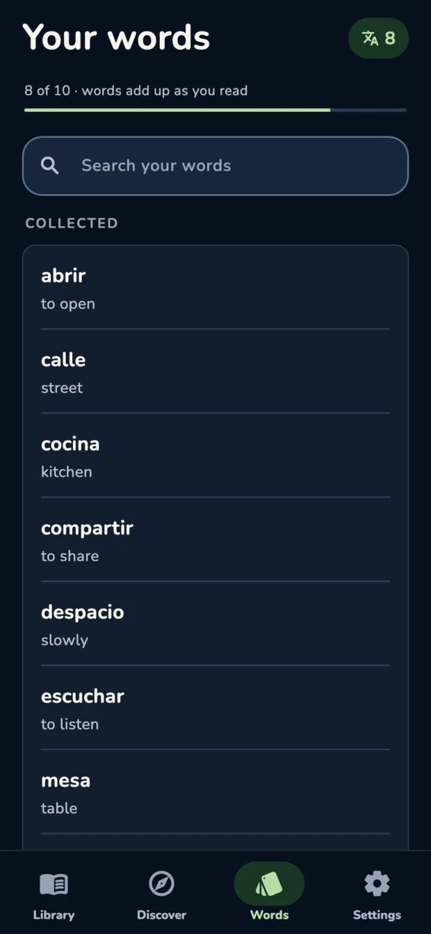 Fluent Chapters saved words screen showing vocabulary collected while reading